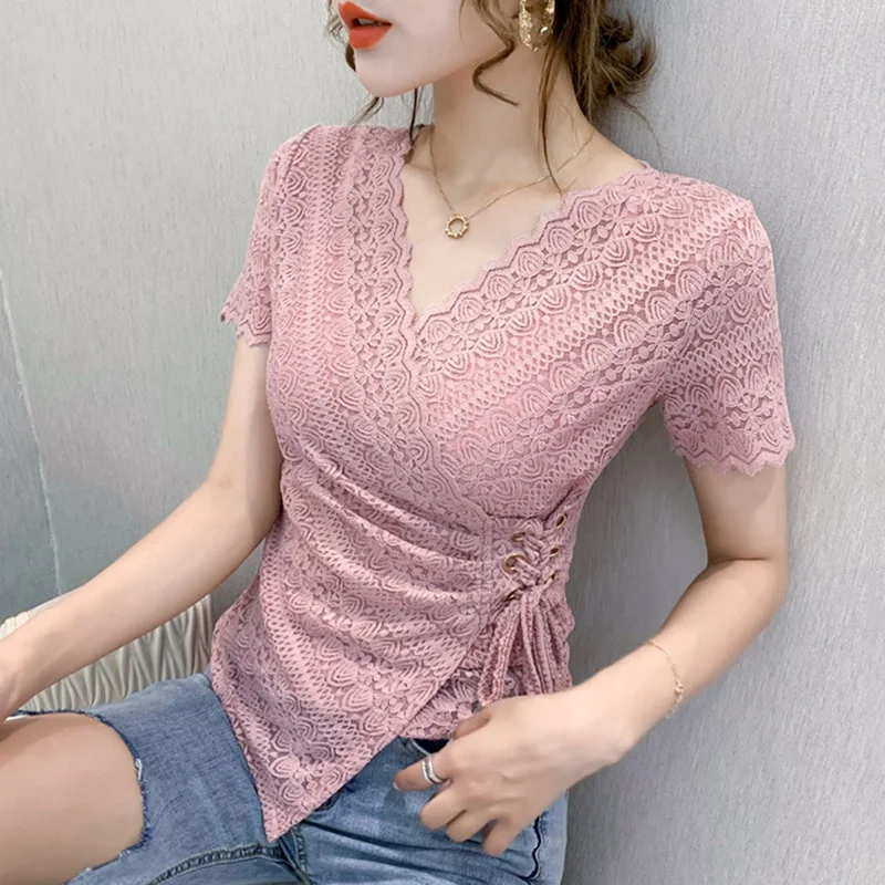 

5XL Women lace tops New Arrivals 2020 Summer short sleeve v-neck women blouse shirt Sexy Hollow out lace tops plus size blusas