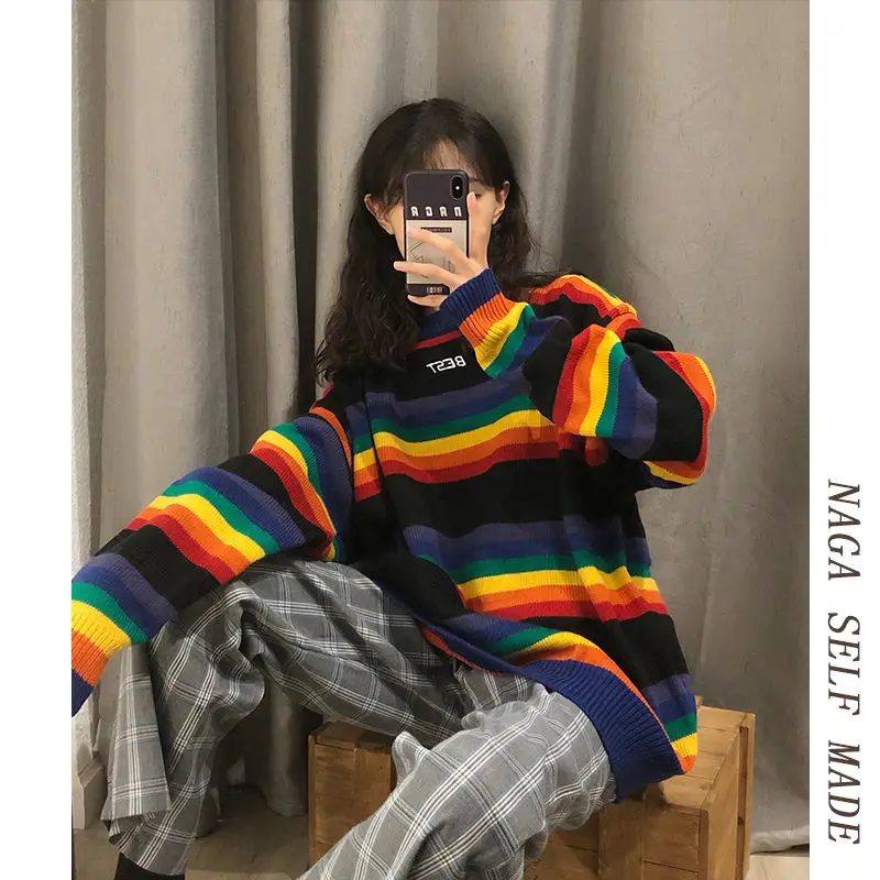 

Autumn and Winter New Rainbow Stripe Pullover Lazy Loose Sweater Female Student Round Neck Korean Versatile Bottomed Sweater