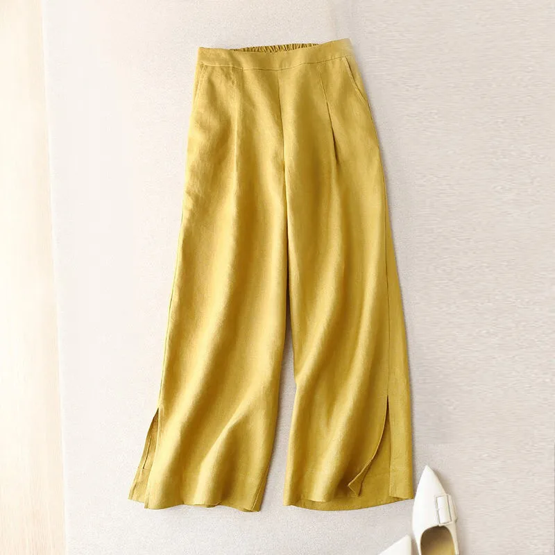 Брюки женские эластичные бежевые черные желтые с высокой талией для лета и весны