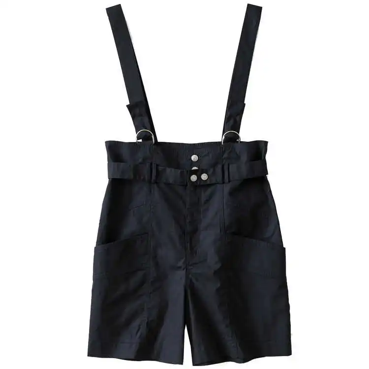 

Woman White Cotton Short Jumpsuit With Pockets Wide Straps Waist Belt Fashion Playsuit Shorts 2021ss SUMMER NEW