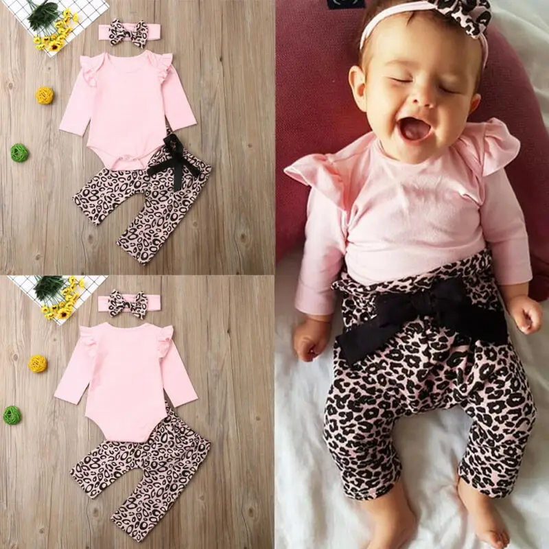 Одежда для маленьких девочек топы с длинным рукавом + брюки бантом и леопардовым