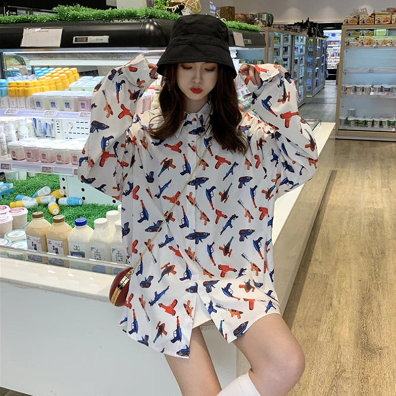 Женская блузка с длинным рукавом отложным воротником и принтом|Рубашки| |