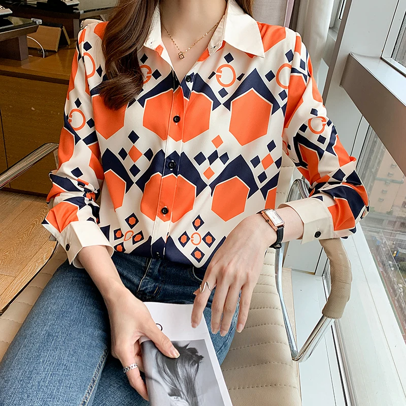 

Шифоновая женская блузка, свободная рубашка-поло для девушек, Модный летний топ с длинным рукавом, повседневные женские блузы с принтом, дом...