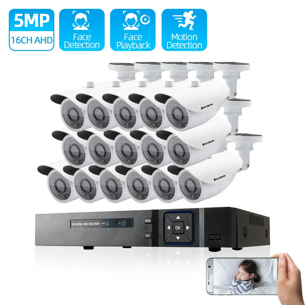 

H.265 16CH 8CH AI Human Detection Face Record CCTV DVR NVR audio System 5MP 2592*1944P x1/3 inch IP66 AHD Security Camera Kit
