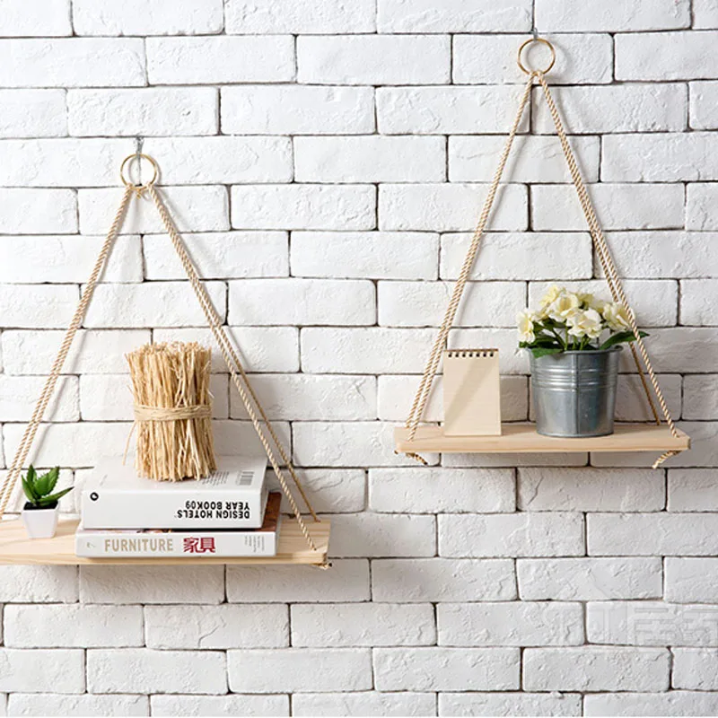 

Wood Hanging Rope Plant Flower Pot Tray Wall Mounted indoor outdoor Floating Shelves Simple Design Magazine Book Show Home Decor
