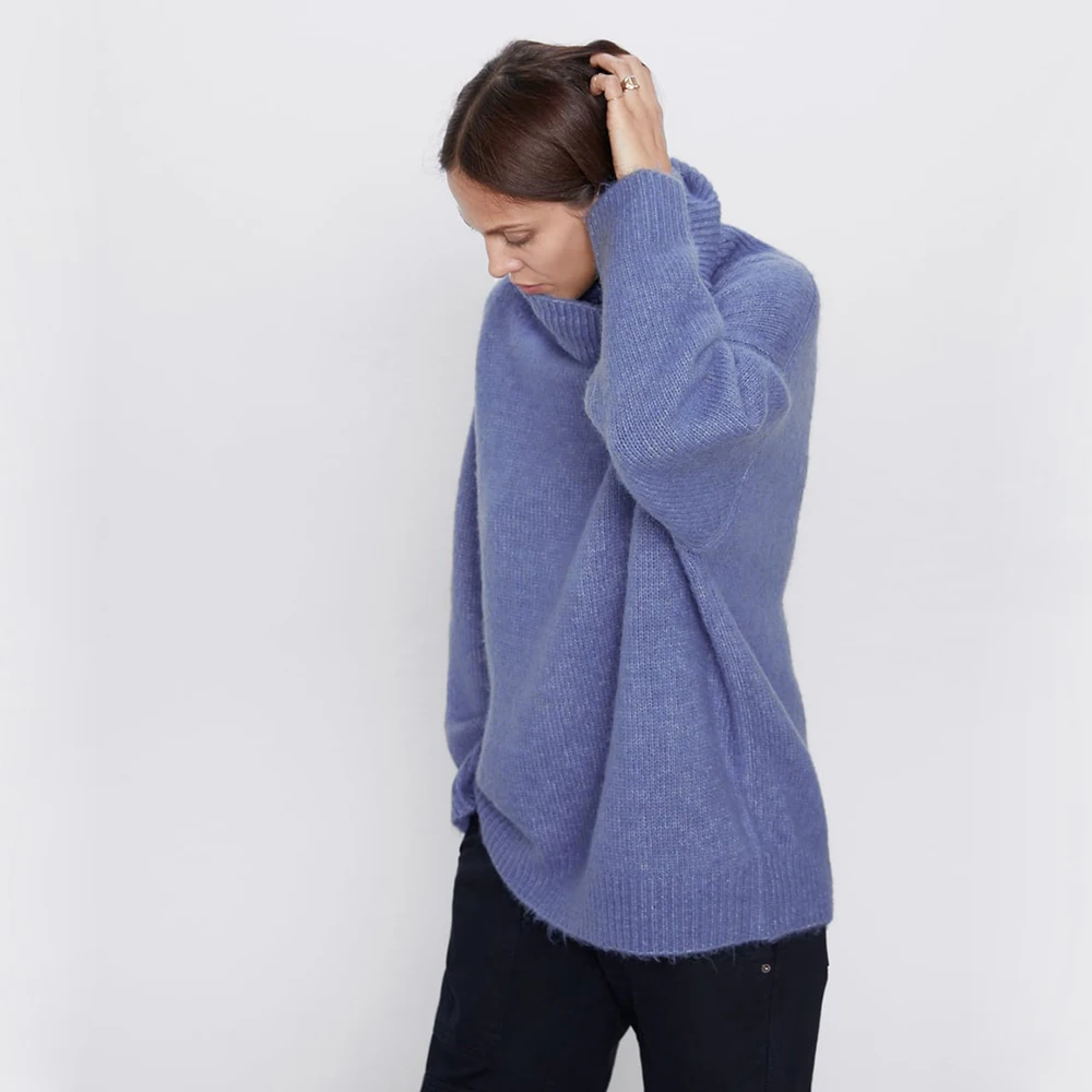 ZA 2019 Women's Sweater Loose High Collar Layered long Sleeve Pullover Blue Pink Gray Wild Outside | Женская одежда