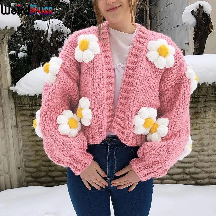 

Женский свитер с длинным рукавом, вязаный кардиганы с цветочным принтом