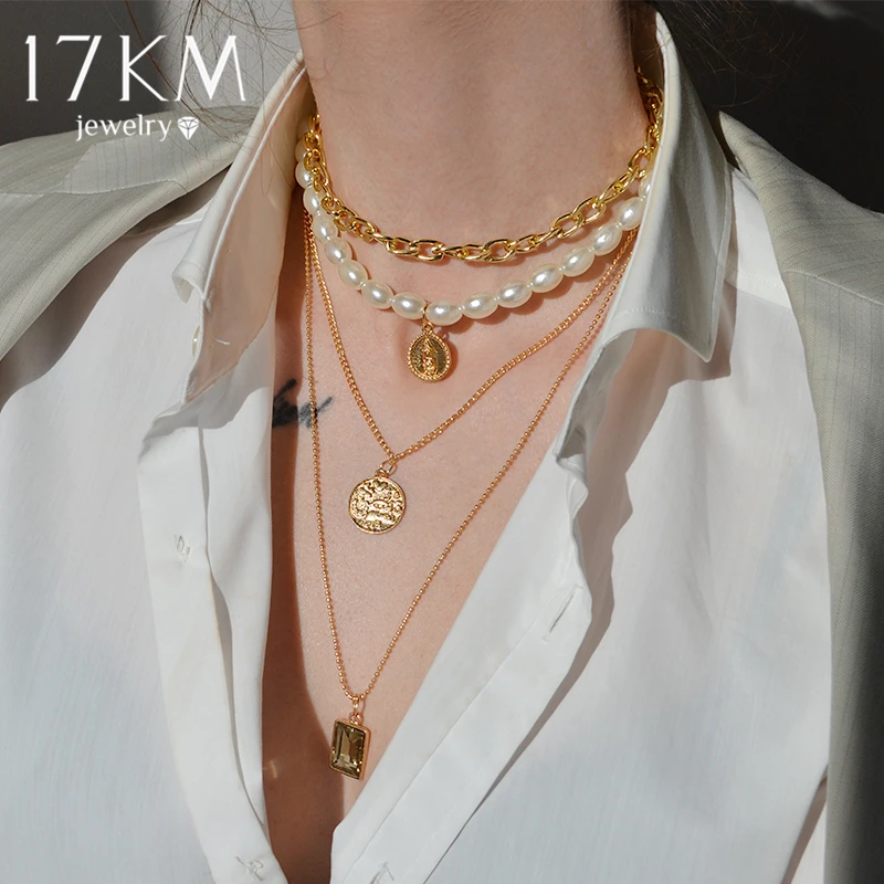 17 км Панк золото многослойные цепи барокко жемчужное ожерелье для женщин Италина