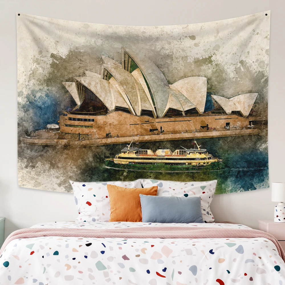 Коврик с изображением Сиднейской оперы в стиле акварели "Cassisy Tapestry" для оформления стены.