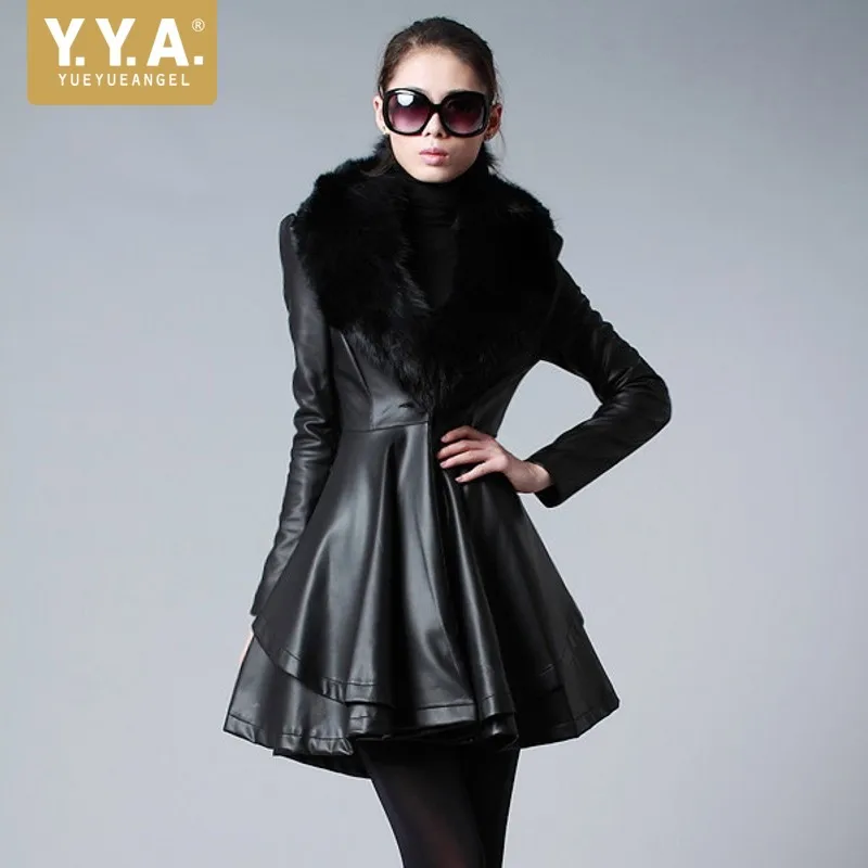 Autumn Winter Women's Medium-Long PU Clothing Leather Coat Large Fur Collar Slim Leather Outerwear Office Lady Dress Jacket