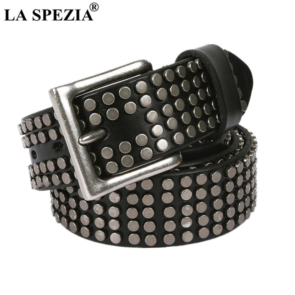 LA SPEZIA Rock Leather Belts Men Women Punk Rivet Genuine Cowskin Leather Buckle Black Cofee White Steampunk Accessories