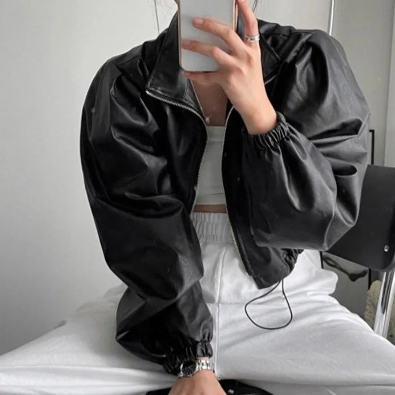 European Street Motorcycle Cool Polo Collar Drawstring Adjustable Leather Jacket Short Long Sleeve PU Jacket Zipper Cardigan Top