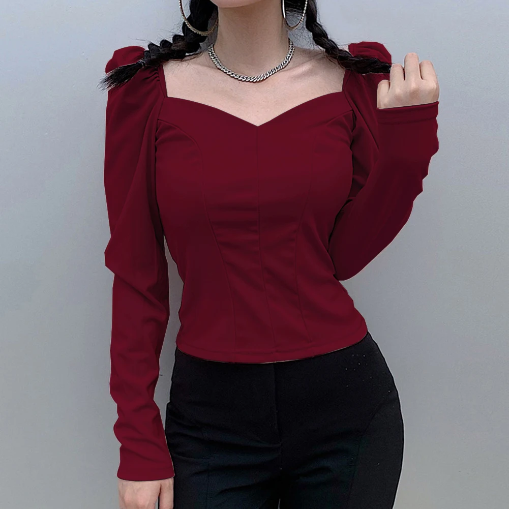 

Puff Sleeve Women Autumn Shirts Solid Blouses Sweet Elegant Chic Sexy V Neck Long Sleeve Shirt Autumn Blusas Mujer De Moda 2020