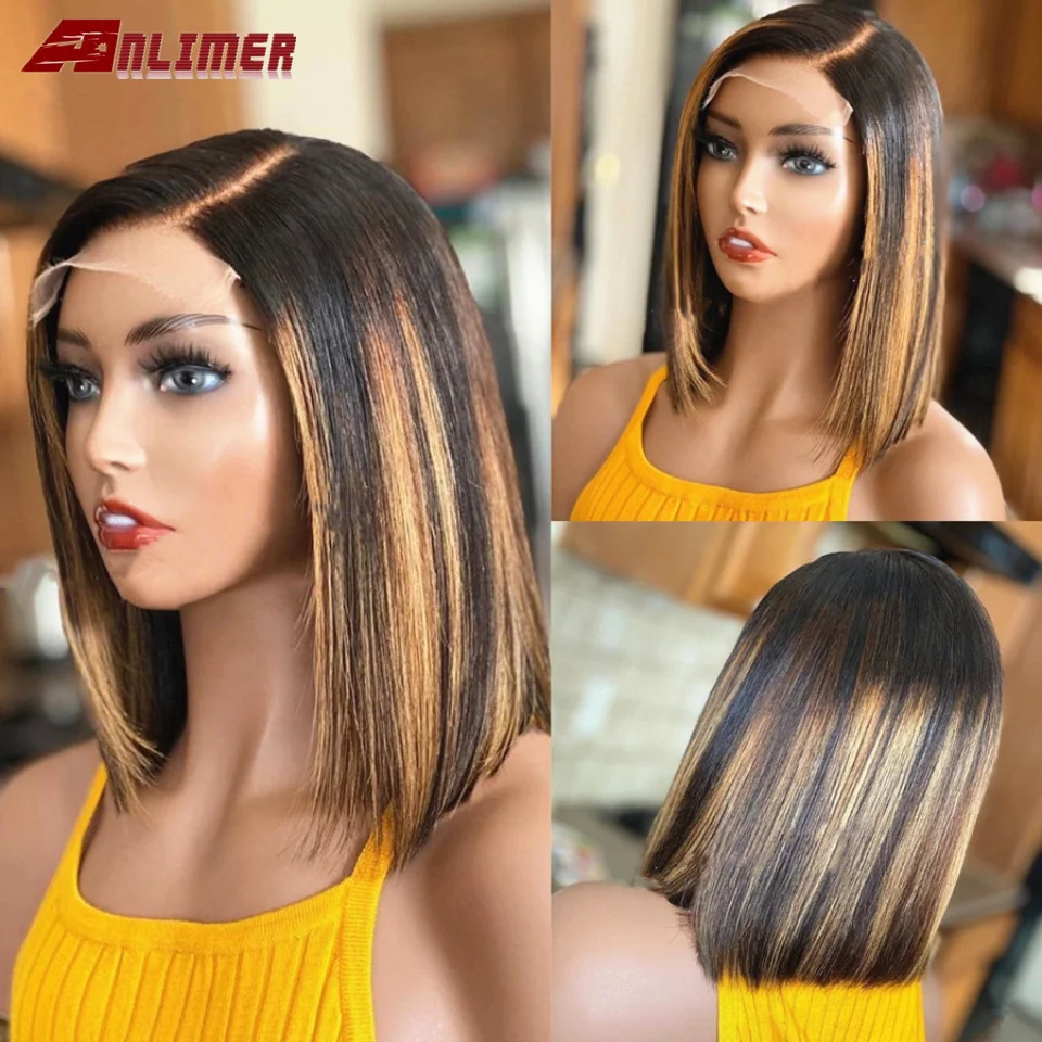 Highlight 5x5 PU Silk Top Short Bob Lace Front Human Hair Wig 150% Density With Baby Hair Brazilian Remy Side Part Bob Wigs