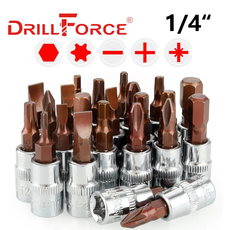 

Drillforce 1/4" Drive Torx Hexagon Slotted Phillips Pozi Socket Bit S2 Adapter Torque Spanner Ratchet Wrench Home Repair Tools