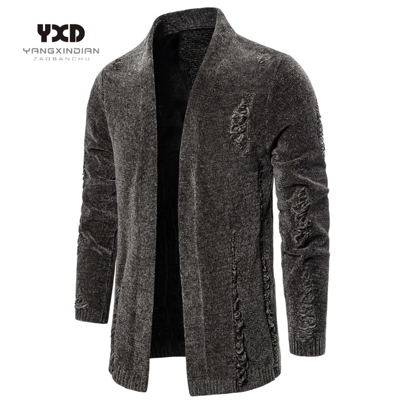 Мужская Уличная одежда плотный теплый длинный кардиган с дырками ветровка