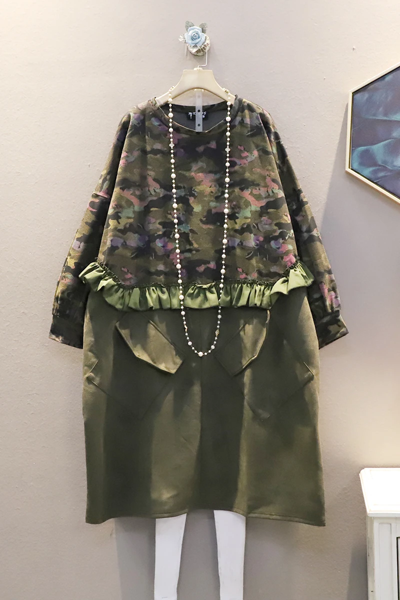 

QING MO Green Women Camouflage Splice Sweatshirt 2021 Women Streetwear Loose Sweatshirt Female Oversized Sweatshirt ZQY6332