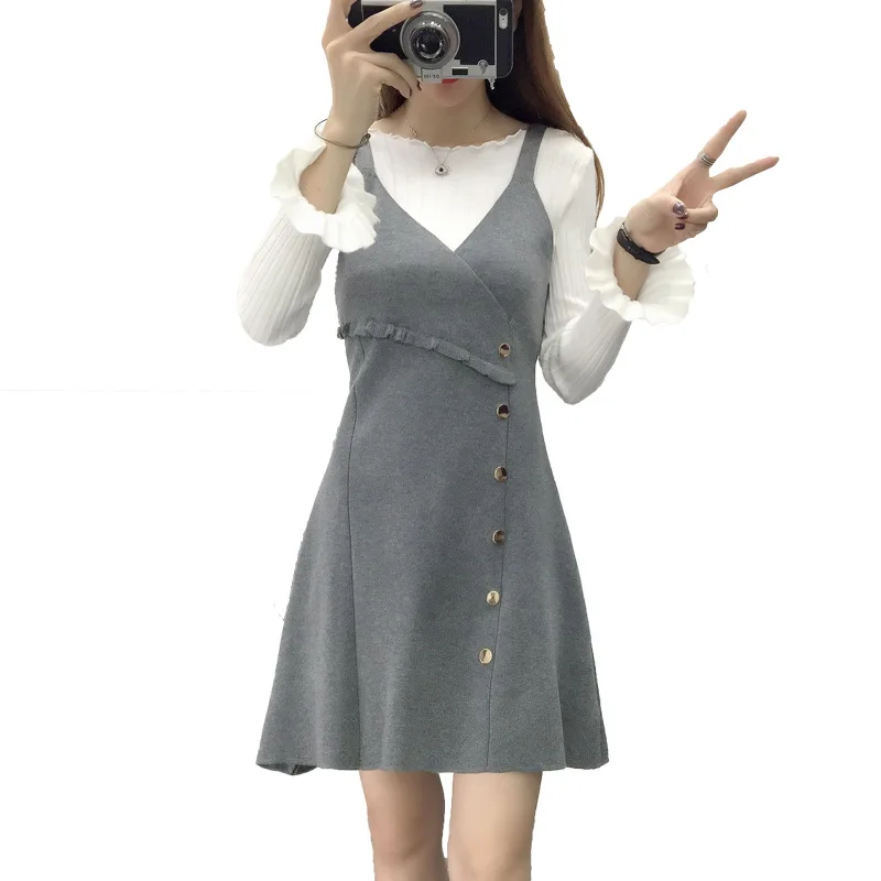 Vest skirt Gray Корейское женское вязаное платье с глубоким v-образным вырезом без рукавов, повседневные платья-майки, женское платье, новинка, шерстяное платье, свободное платье на весну и осень - Цвет: Vest skirt Gray