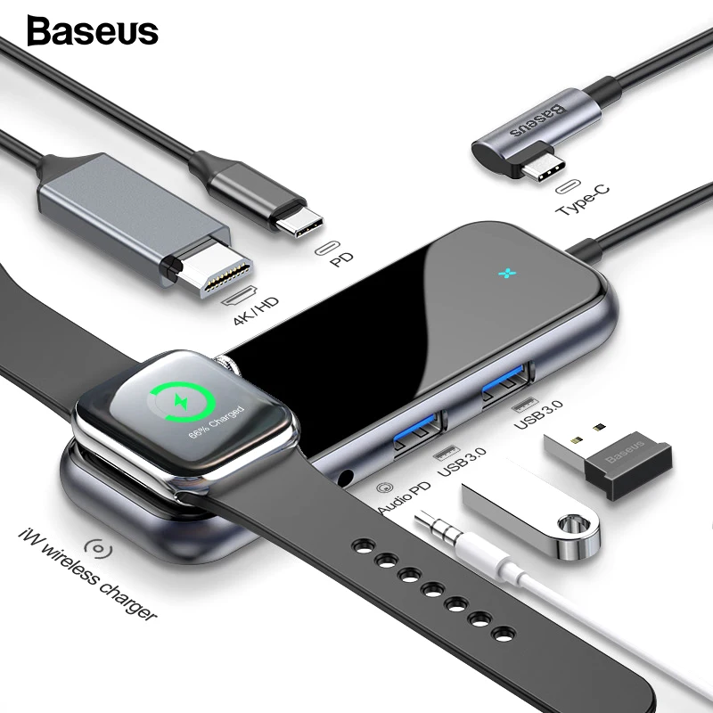 Baseus USB-C Тип C концентратор HDMI RJ45 Мульти USB 3,0 адаптер для MacBook Pro Air док-станция USB C концентратор с Беспроводной Зарядное устройство для наручных часов iWatch