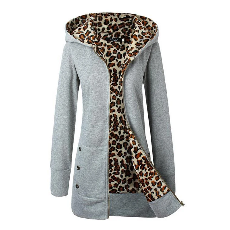 

Winter Coat Leopard Stitching Women Coats Buttons Hooded Full Sleeve Zipper Fly Mid-Length Overcoats Loose Casual Jackets