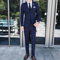 mens wedding blue slim fit 3 piece checked suits single breasted vintage fashion