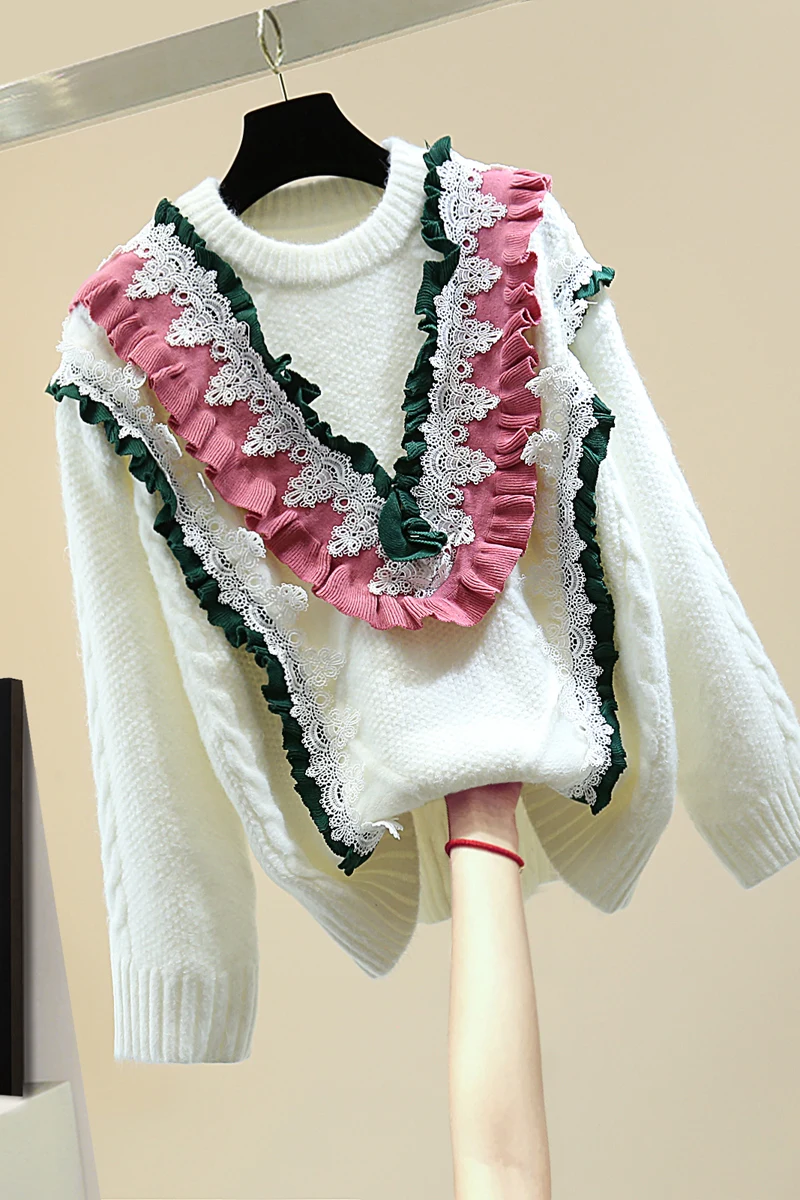 

Lace Crochet Pullover Crew Neck Top Female Sweaters 2020 Winter Clothes Loose Ruffled Color Matching Casual Long Sleeve Sweater