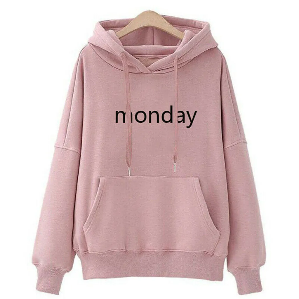 Fashion Women monday Letter Long Sleeve Hoodie Pockets Drawstring Sweatshirts women sweetshirts худи оверсайз harajuku#G