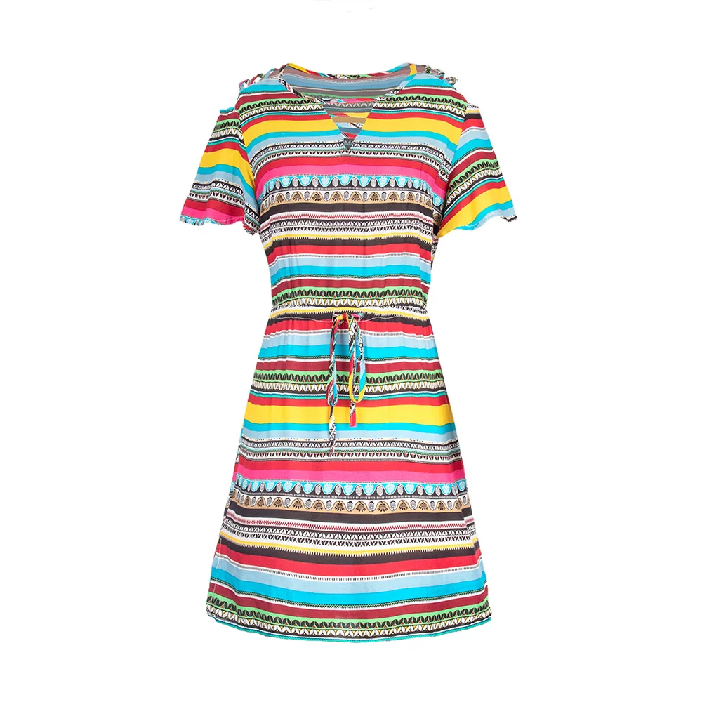 Женское летнее платье повседневное короткое в цветную полоску винтажный