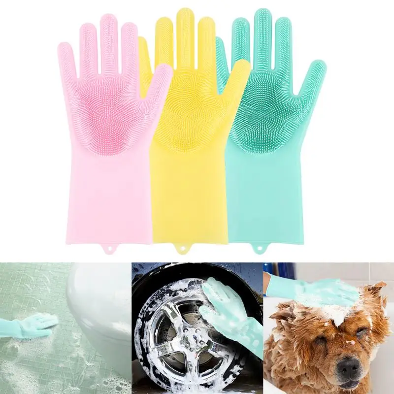 

Magic Silicone Dishwashing Gloves Scrubber Dish Washing Sponge Rubber Scrub Gloves Kitchen Cleaning Tools 1 Pair Soft Dropship