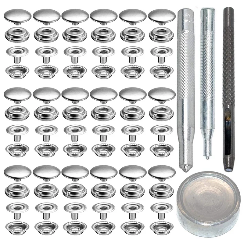 

72Pcs 15MM Stainless Steel Fastener Snap Press Stud Button for Marine Boat Canvas with Punching Set Tool Kit Silver CNIM Hot