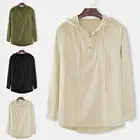 Мужская льняная рубашка с длинными рукавами, Повседневный пуловер с капюшоном в Корейском стиле, однотонная, лето 2021