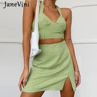 janevini 2021 summer green plaid women sexy two piece sets holiday halter crop topsmini skirt suits satin club party streetwear