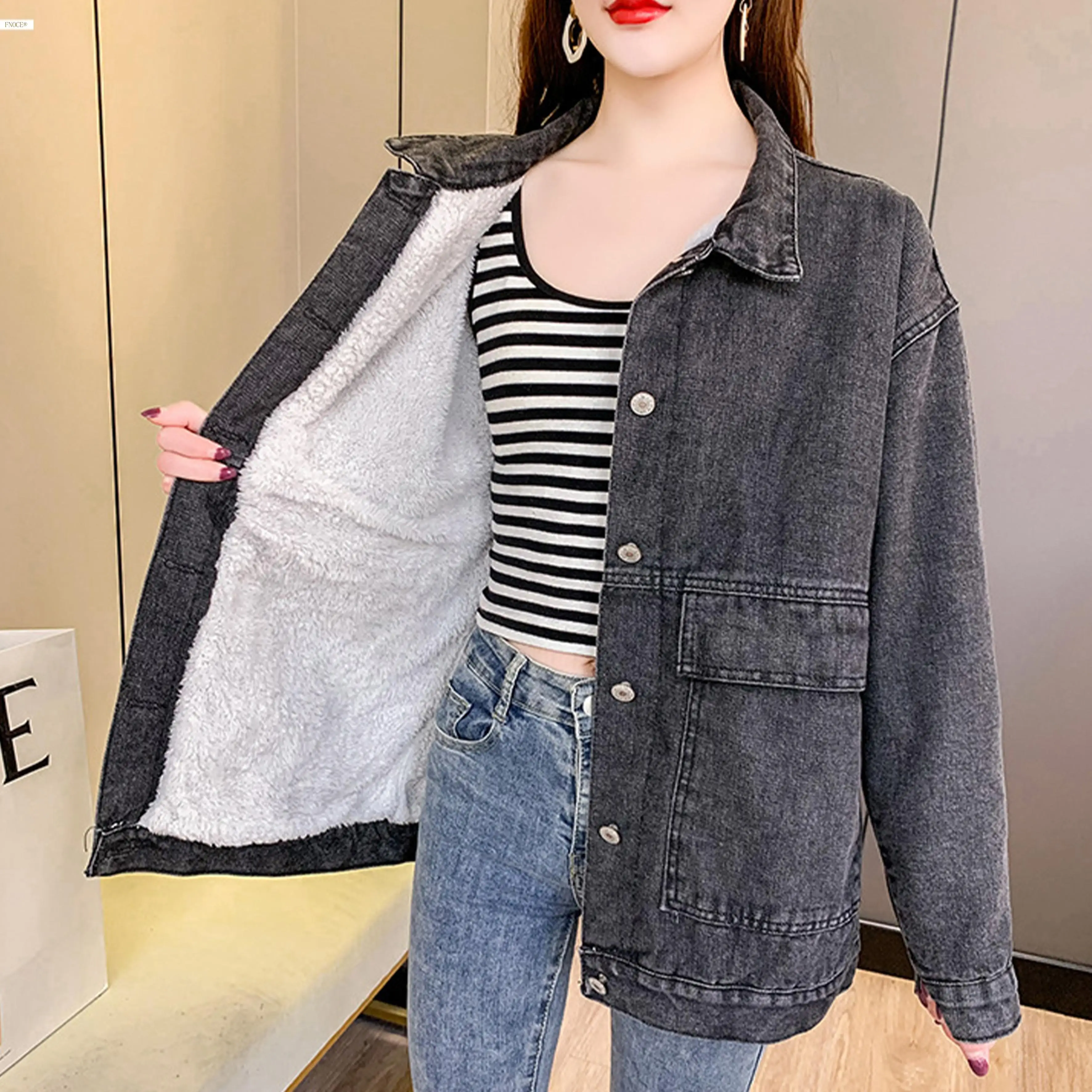 

FNOCE 2020 new women's jeans jackets fashion casual youth long sleeve loose slim plus velvet thickened warm denim coats jackets