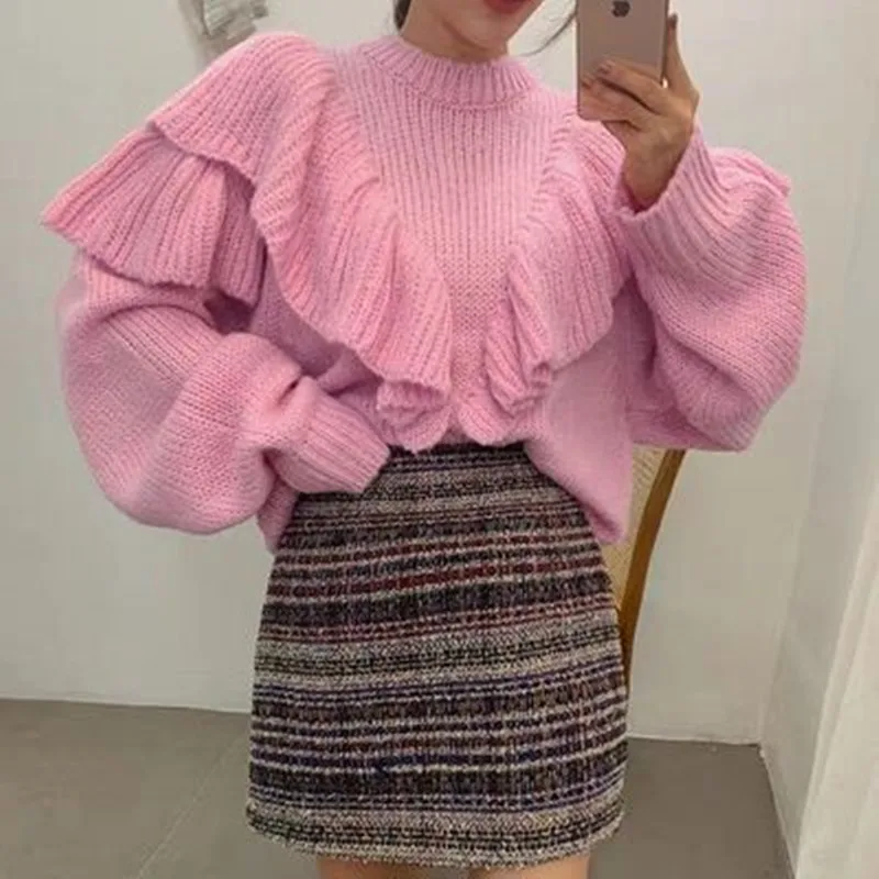 

2021 Autumn Winter Lady Lotus leaf Edge Sweater Womens Loose Bottoming Sweaters High Quality Knitted Sweater Jumper