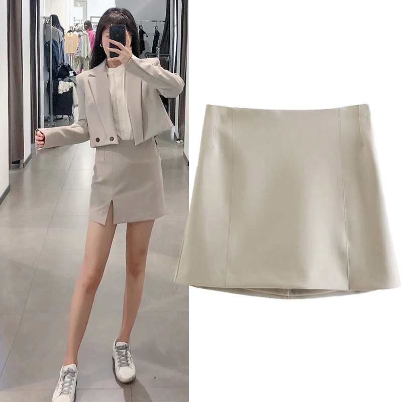 

WESAY JESI Spring New Simple Slit Women's Mini Skirt High Waist A-Line Casual Chic Solid Color Work Commuter Ladies Skirts