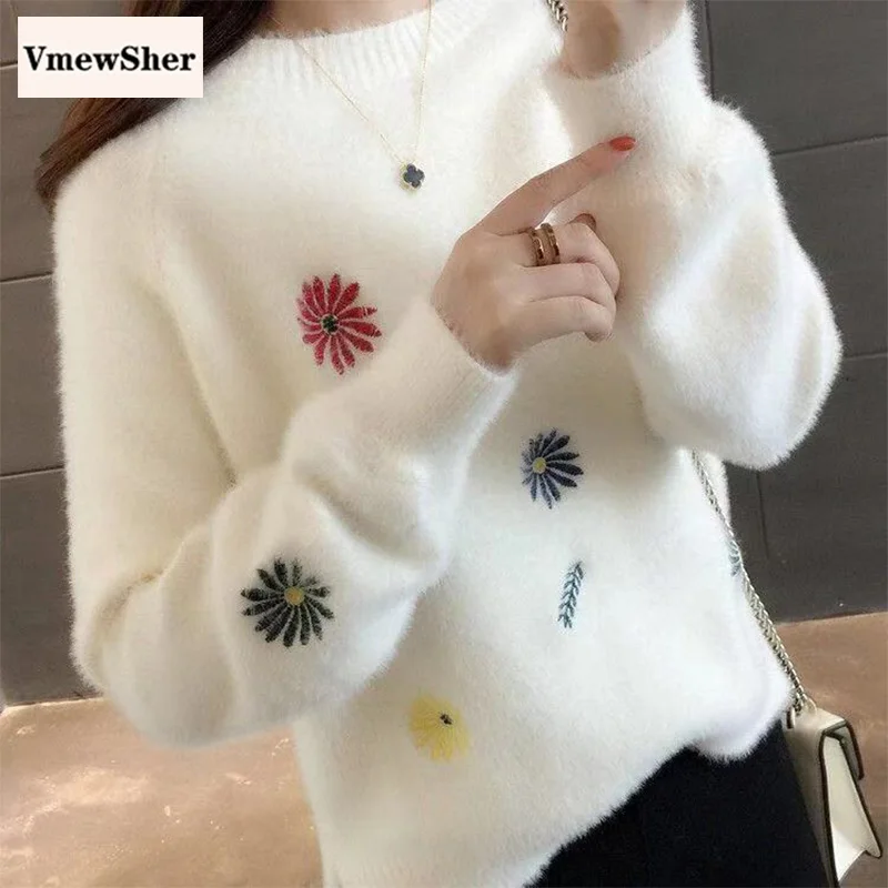 

VmewSher зимний женский свитер с цветочной вышивкой с длинным рукавом с круглым вырезом и блестками, трикотажный пуловер пушистый трикотаж норковый кашемировый джемпер, Топ