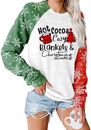 

Merry Christmas Sweatshirts Women Color Block Loose Pattern 3/4 Sleeve Christmas Snowflake Printed Tops T-Shirt