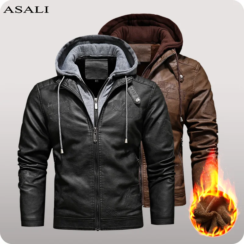

Casual Motorcycle Leather Jacket Men Winter Fleece Warm PU Jacket 2021 Vintage Hooded Men Faux Leather Bomber Coat Men Clothes
