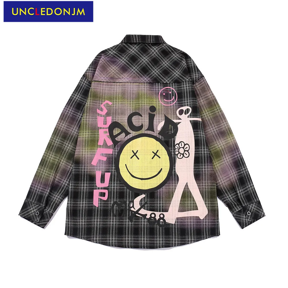 

UNCLEDONJM Tie-Dye Long Sleeve Shirt Street wear Hip Hop button up shirt harajuku plaid shirt mens vintage clothing male 7736