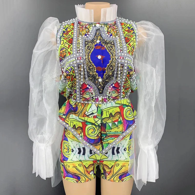 

2020 Female Singer Dj Costumes Court Noble Puff Sleeve Stretch Short Split Suit Stage Costume Women Prom Festival Outfit DQS5451