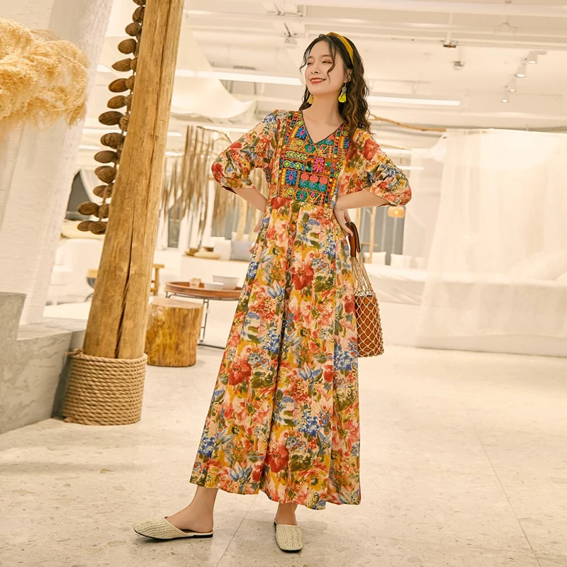 

2021 Newest Summer Loose Robe Femme Multicolor Floral Embroidery Long Dress Elegant Muslim Arabian Oman Lantem Sleeve Maxi Dress