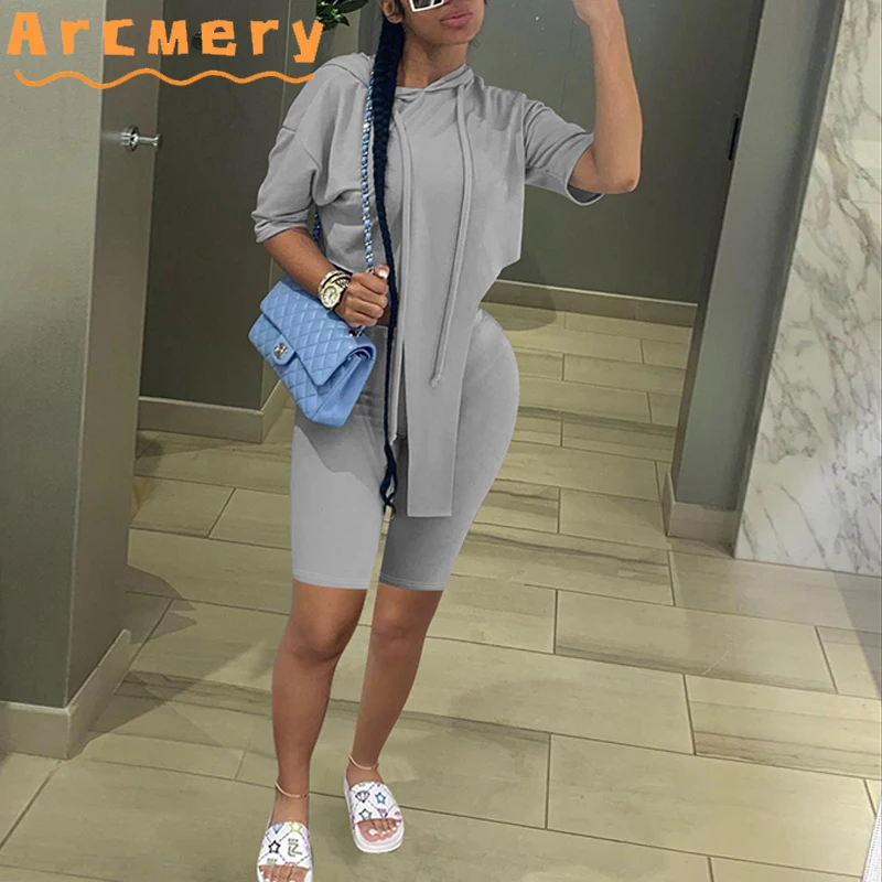 

2 Pieces Shorts Sets Women Short Sleeve Hoodies & Bodycon Shorts Casual Lounge Wear