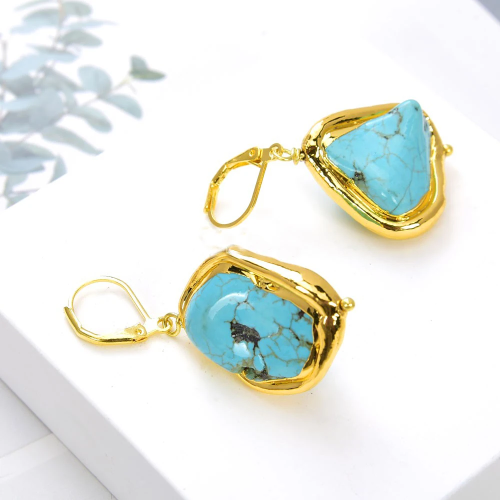 

Jewelry Blue Turquoise Freeform Blue howlite With Gold Plated Lever Back Earrings