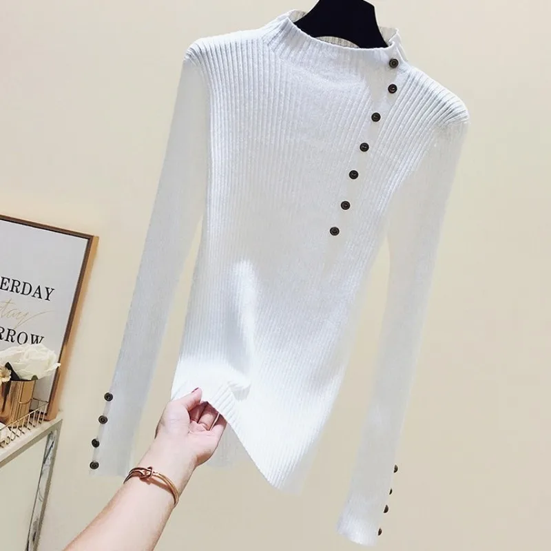 Женский осенний свитер с высоким воротом пуловер вязаные топы пуговицы