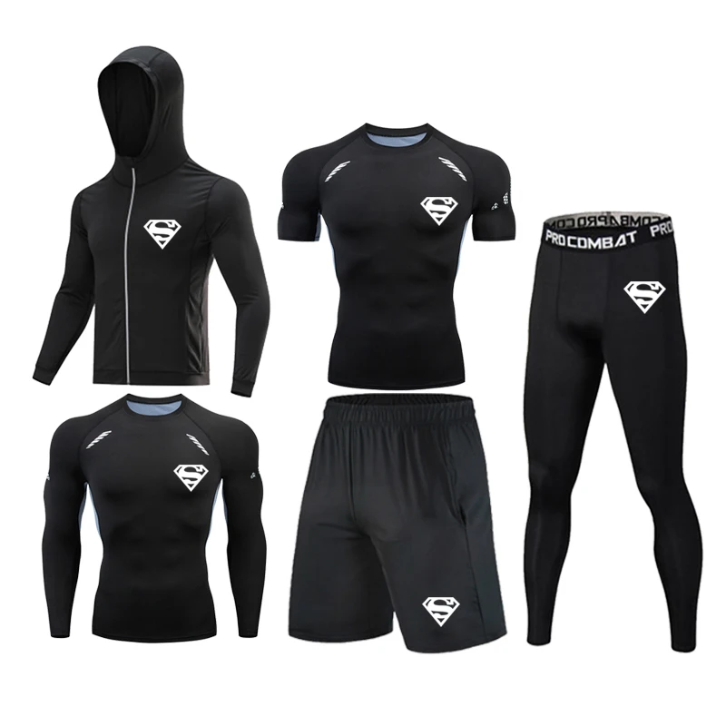 MMA Rashguard Gym Clothing 5Pcs/Set Men's Compression Sportswear Fitness T-shirt Running Jogging Tights Boxing Jerseys Mens Suit