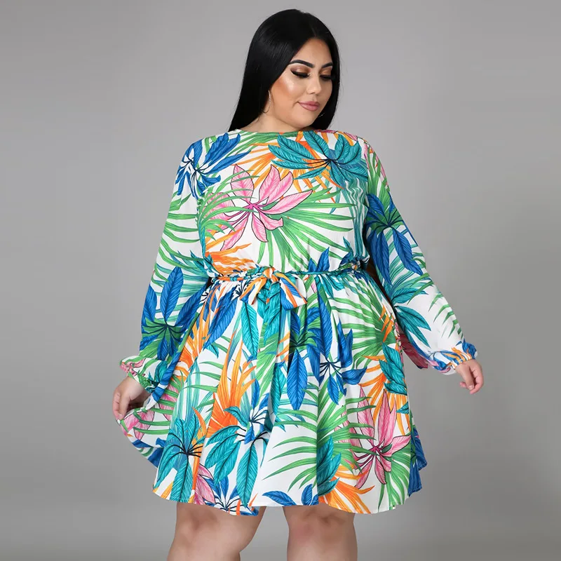 

Autumn Plus Size Floral Print Mini Dress Pleated Long Sleeve Vintage Vestidos dress for women summer dress