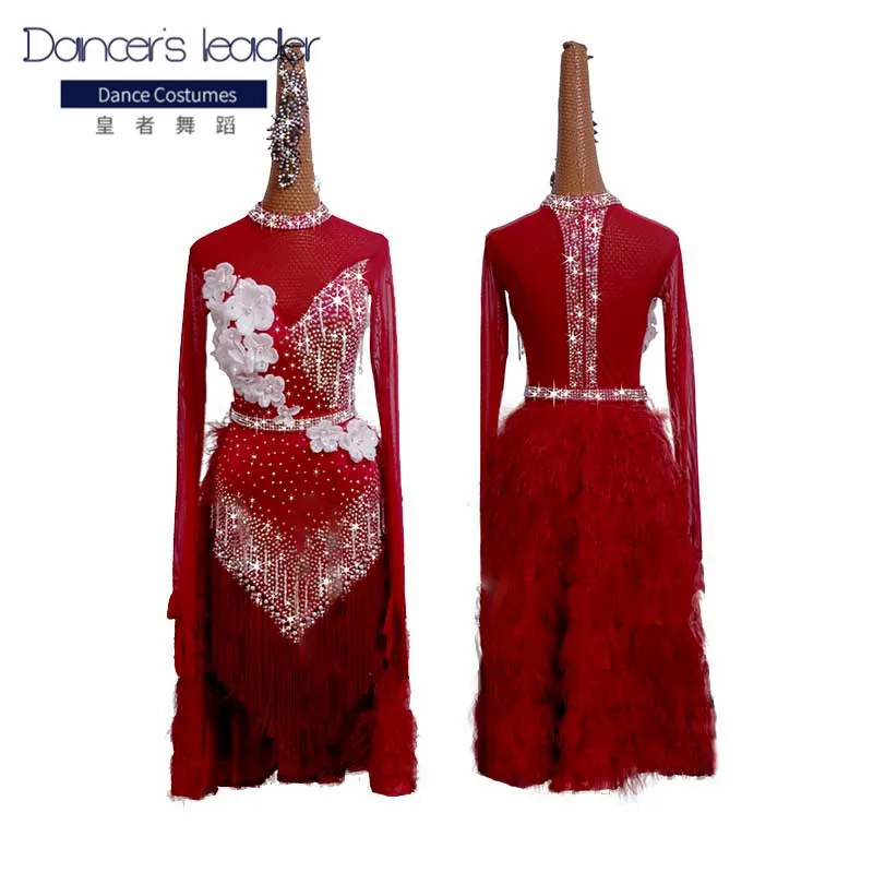 

New Latin dance skirt competition skirt performance Skirt Adult custom wine red embroidered feather dance skirt