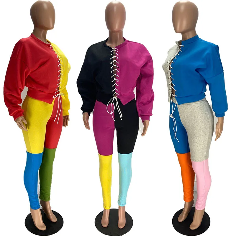 

Contrast Color Women Two Piece Outfits Splice Bandage Slim Casual Sports Tops Pencil Trousers Autumn Thicken Suits