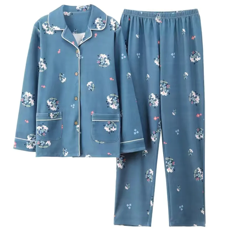 

Fdfklak Middle-Aged And Elderly Pajamas Ladies Spring Autumn 100% Cotton Home Wear Clothes Casual Printed Pijamas Women Suit