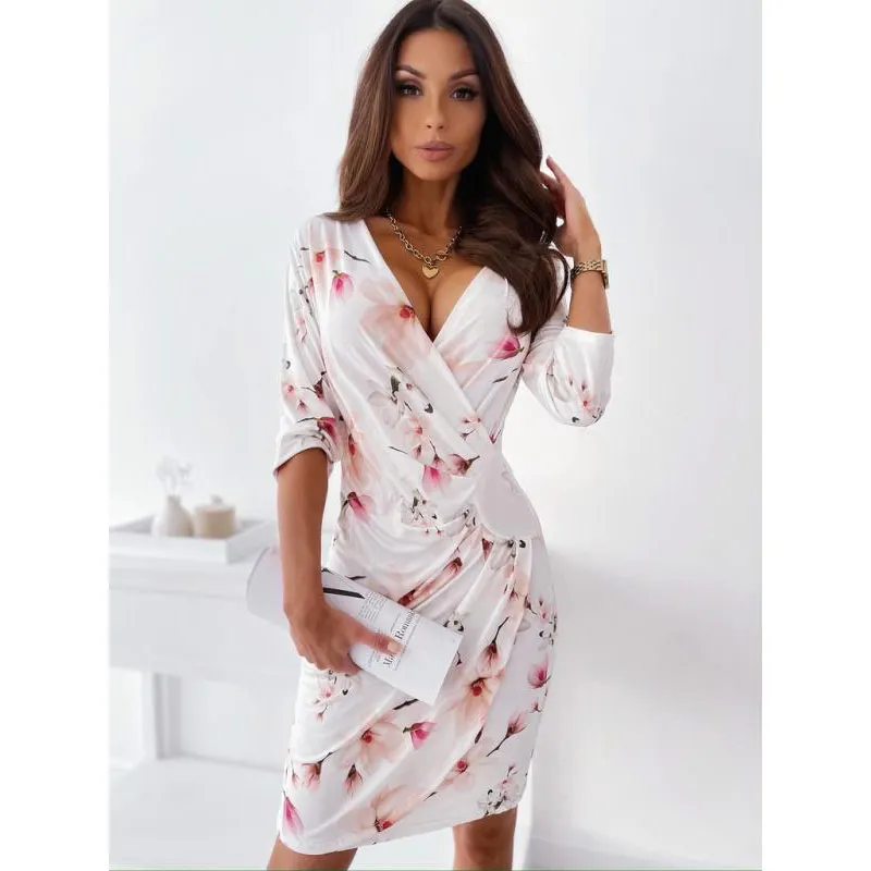 

Micendy Floral Print Dress Women V-Neck Folds Short Cover Up Summer Bohemian Blouse Fashion Chiffon Kimono Beach Lace-Up Ruched
